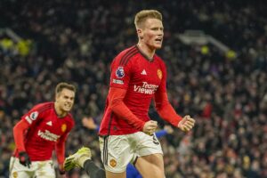 Scott McTominay celebrating his second goal in Manchester United's 2-1 victory against Chelsea. (AP Photo/Dave Thompson) (Dave Thompson / Associated Press)
